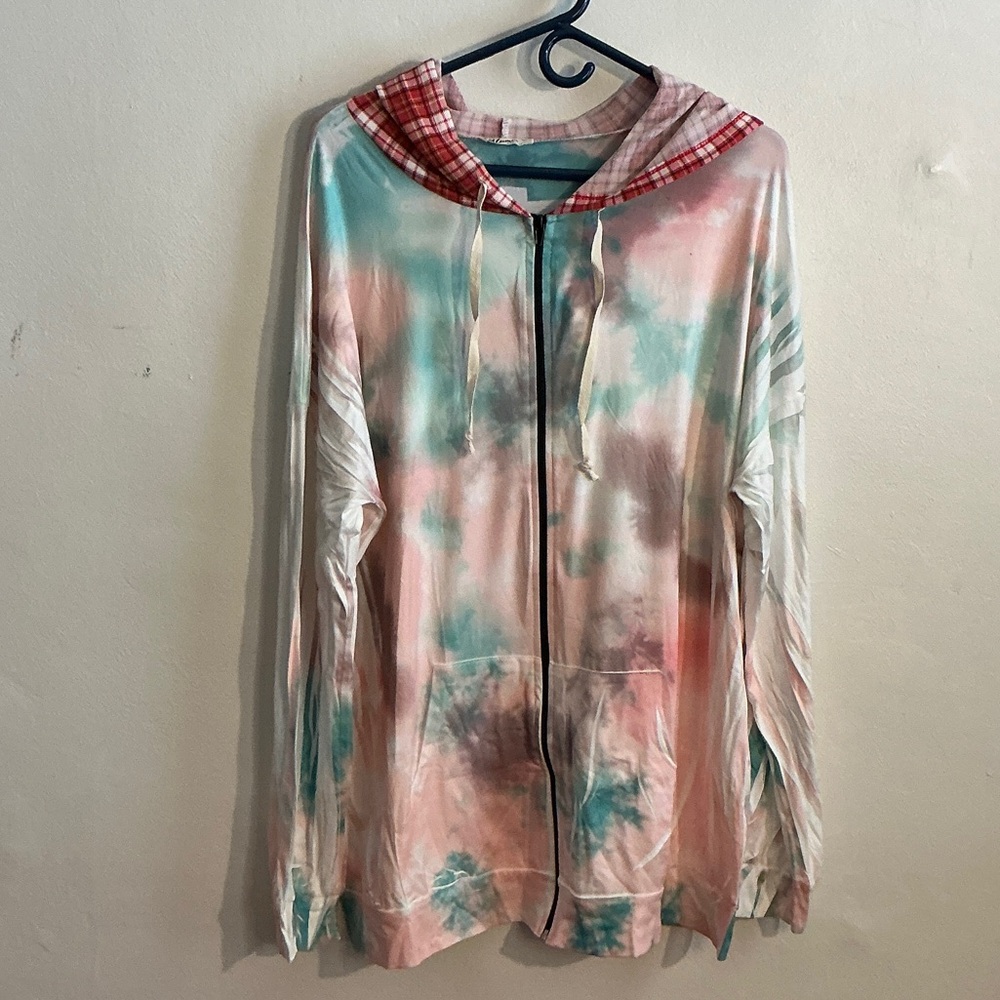 Tie-Dye Hooded Sweatshirt with Red Plaid Accents